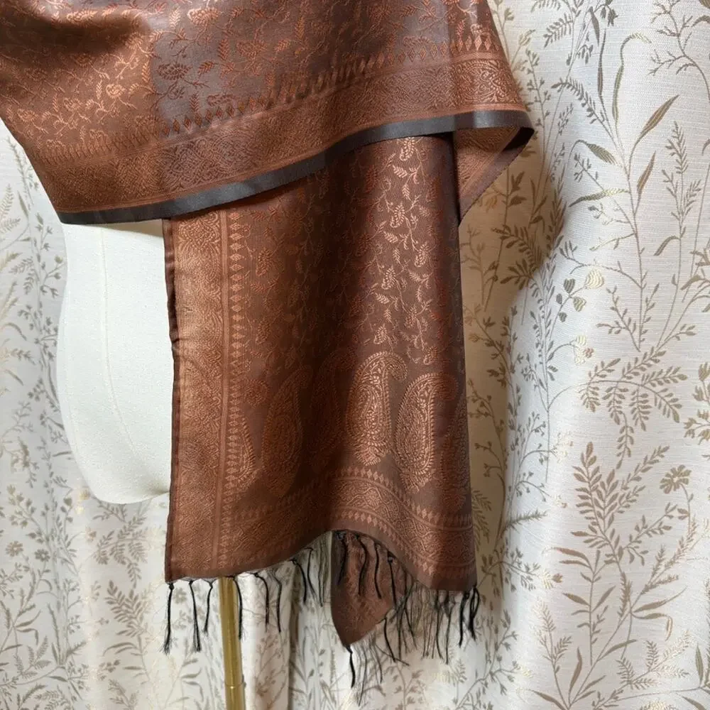 Silk Paisley Pashmina Shawl Wrap OS Brown Fringe Vintage Fall Boho Cottagecore